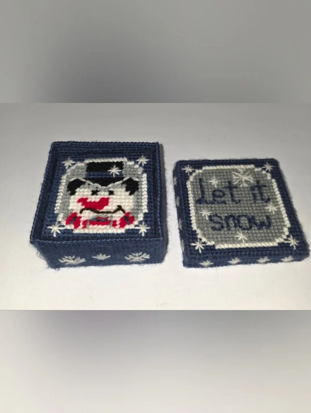Vintage Mary Maxim Let It Snow Coasters and Holder Plastic Canvas Handmade